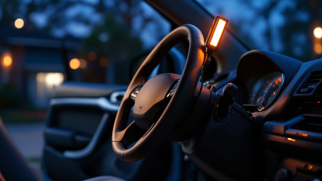 Steering column with the lower shroud removed, showing the ignition cylinder and steering lock housing, lit by an amber work light in an Arlington Texas driveway at dusk