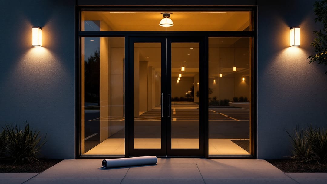 Glass storefront office door with an aluminum frame and mortise lock in an Arlington Texas business park at night under exterior lighting