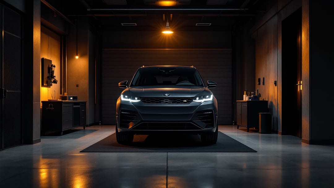 A sculpted sports-SUV key fob and a fine tool set arranged on dark leather in a garage at night, lit by a single warm work light