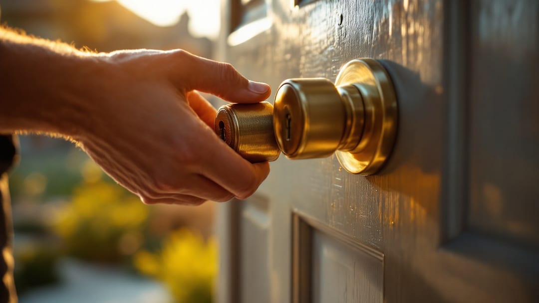 A locksmith re-pinning a residential deadbolt cylinder on the front door of an Arlington home at golden hour