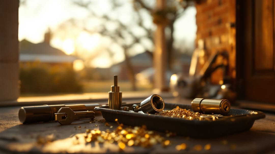 A locksmith's tray of lock cylinders, pins, and a new brass deadbolt beside an open front door on an Arlington porch in warm late-afternoon light
