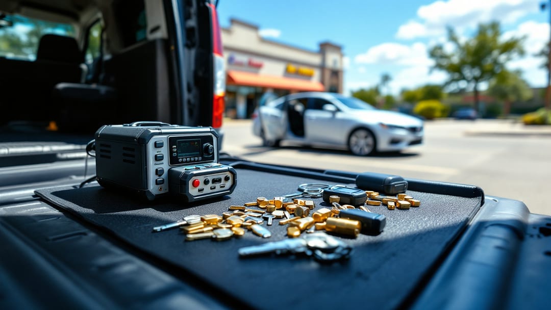 Mobile locksmith key cutting machine and blank keys set up on a tailgate in an Arlington Texas parking lot at midday