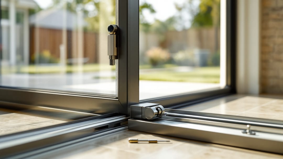 A sliding glass patio door fitted with an auxiliary foot-bolt lock and a security bar in the track, on a suburban Arlington home at bright midday