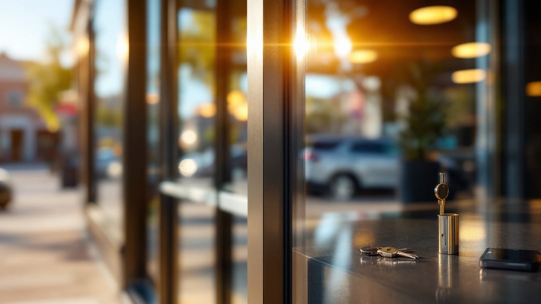An aluminum storefront glass door with a mortise lock and panic exit device on a Downtown Arlington small business at bright midday