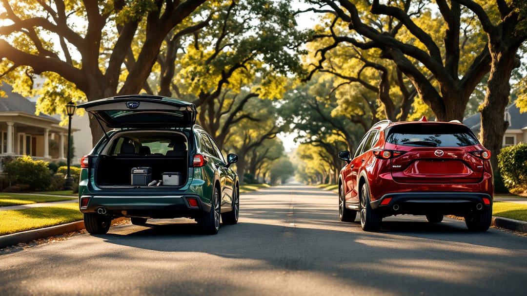Green Subaru Outback wagon and a red Mazda CX-5 parked on a tree-lined Arlington Texas street in afternoon light with key fobs and a key cutting machine nearby