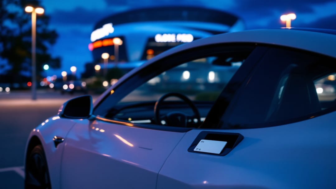 A white Tesla Model Y parked near Globe Life Field in Arlington Texas at blue hour with an NFC key card resting on the center console near the card reader
