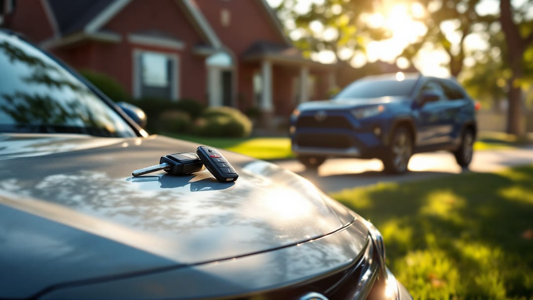 Silver Toyota Camry and a blue Toyota RAV4 parked outside an Arlington Texas home in bright late-morning sun with a smart key fob and OBD programmer on the hood