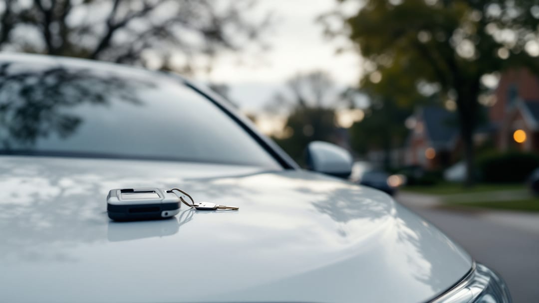 A white Toyota Camry parked near the UTA campus in Arlington Texas with a locksmith key programmer and cut transponder key on the hood at overcast morning light