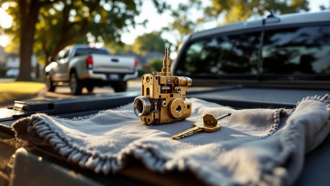 Silver Toyota Tacoma and dark green 4Runner parked on an Arlington Texas street with an ignition lock cylinder and worn key on a work cloth