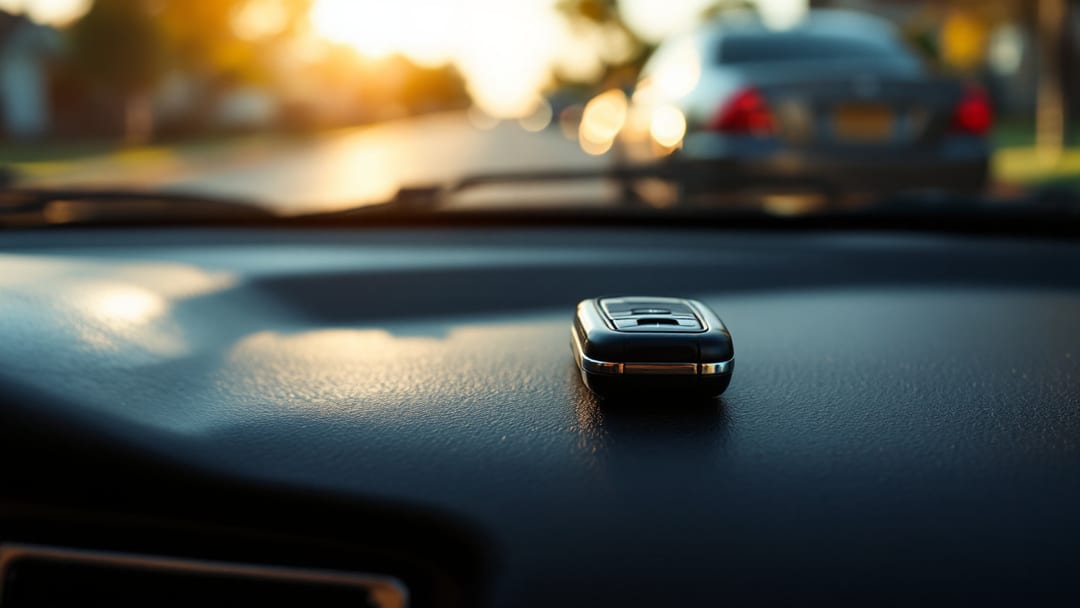 Single car key on a used vehicle's dashboard in Arlington Texas with the VIN plate visible through the windshield in warm afternoon light
