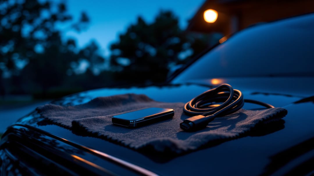 A European SUV smart key fob and a diagnostic interface cable resting on a dark work cloth on a car hood in an Arlington Texas driveway at dusk
