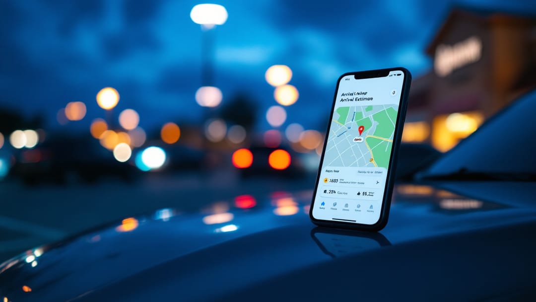 A phone showing a locksmith arrival estimate resting on a car dashboard in an Arlington parking lot at blue-hour dusk with the vehicle locked